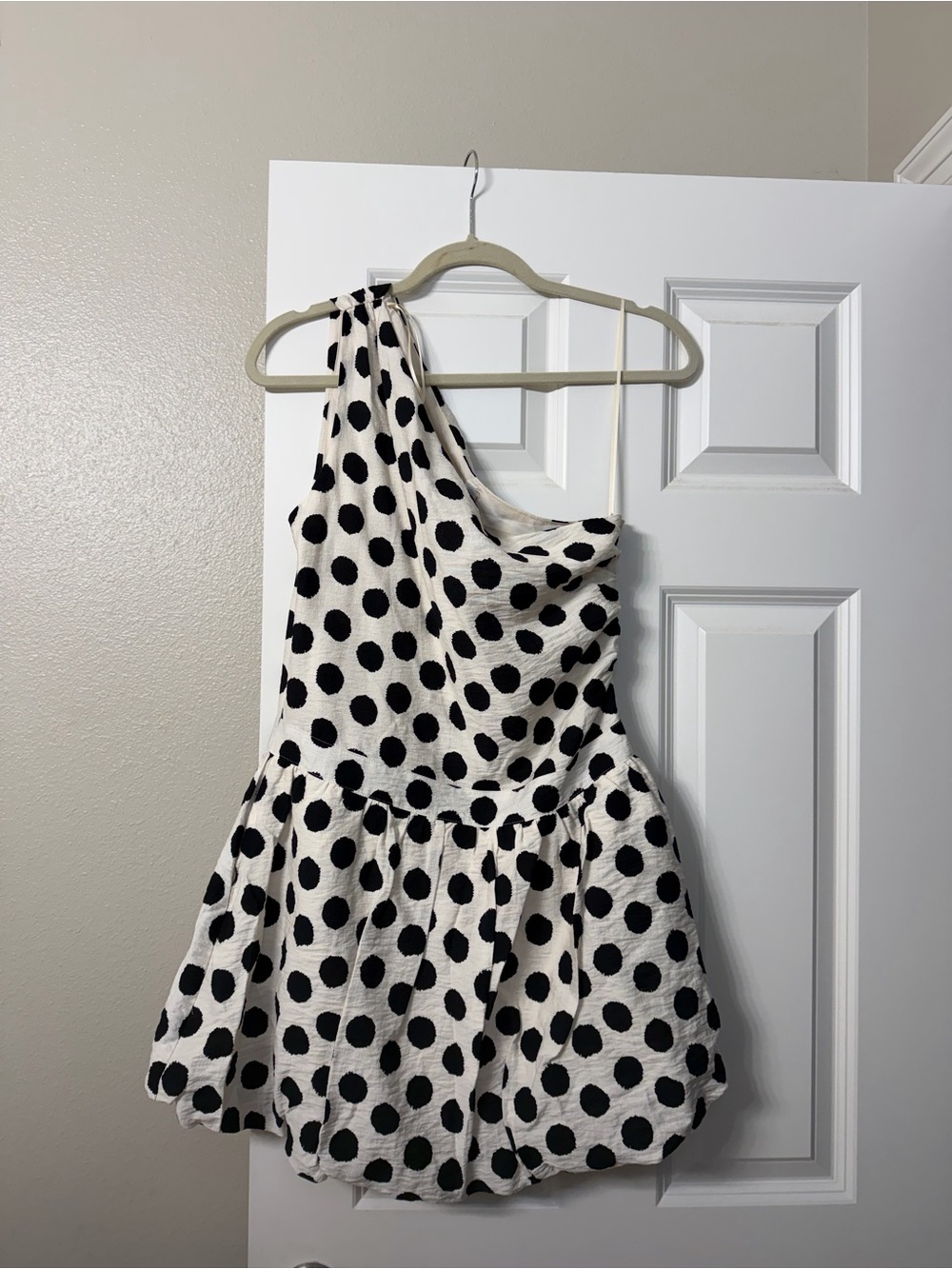 glam One-Shoulder Black & White Polka Dot Dress